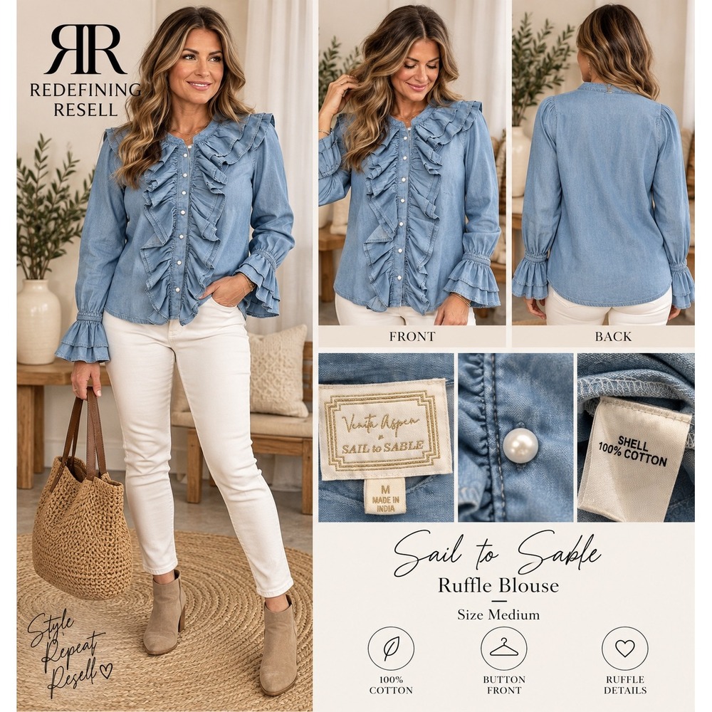 Sail to Sable x Venita Aspen Blue Cotton Ruffle Chambray Blouse Pearl Button M